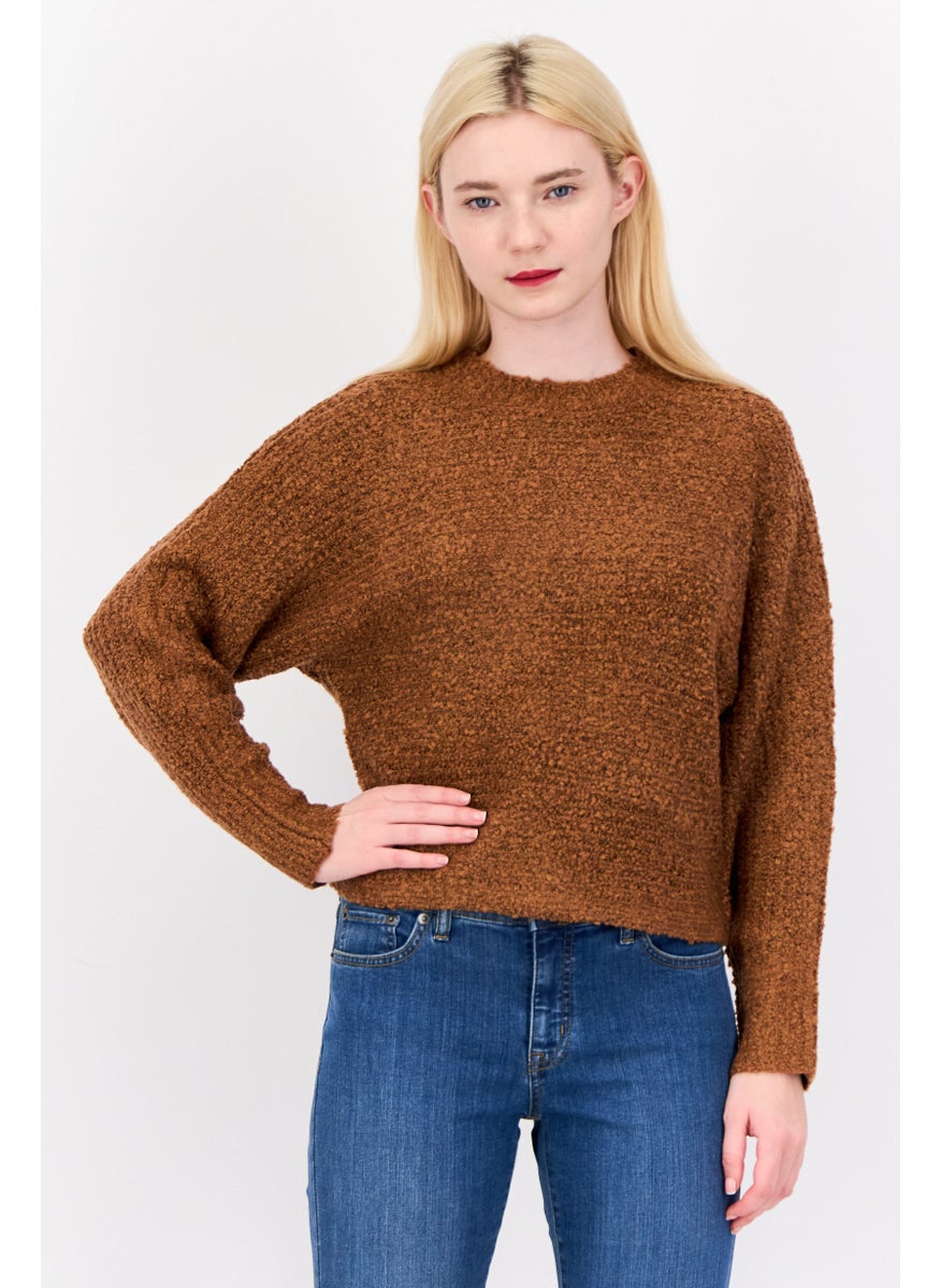Women High Neck Knitted Crop Sweater, Brown