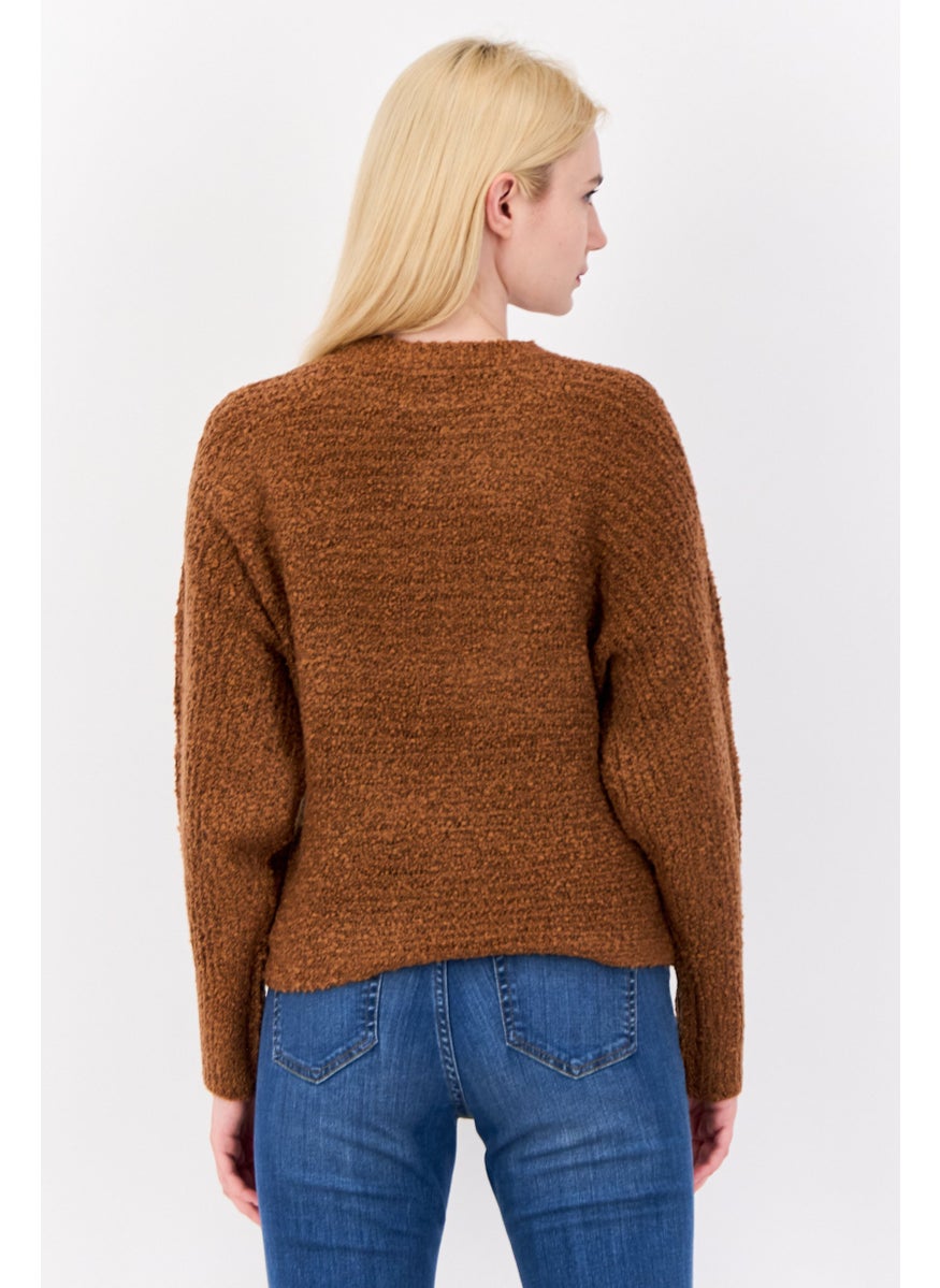 Women High Neck Knitted Crop Sweater, Brown
