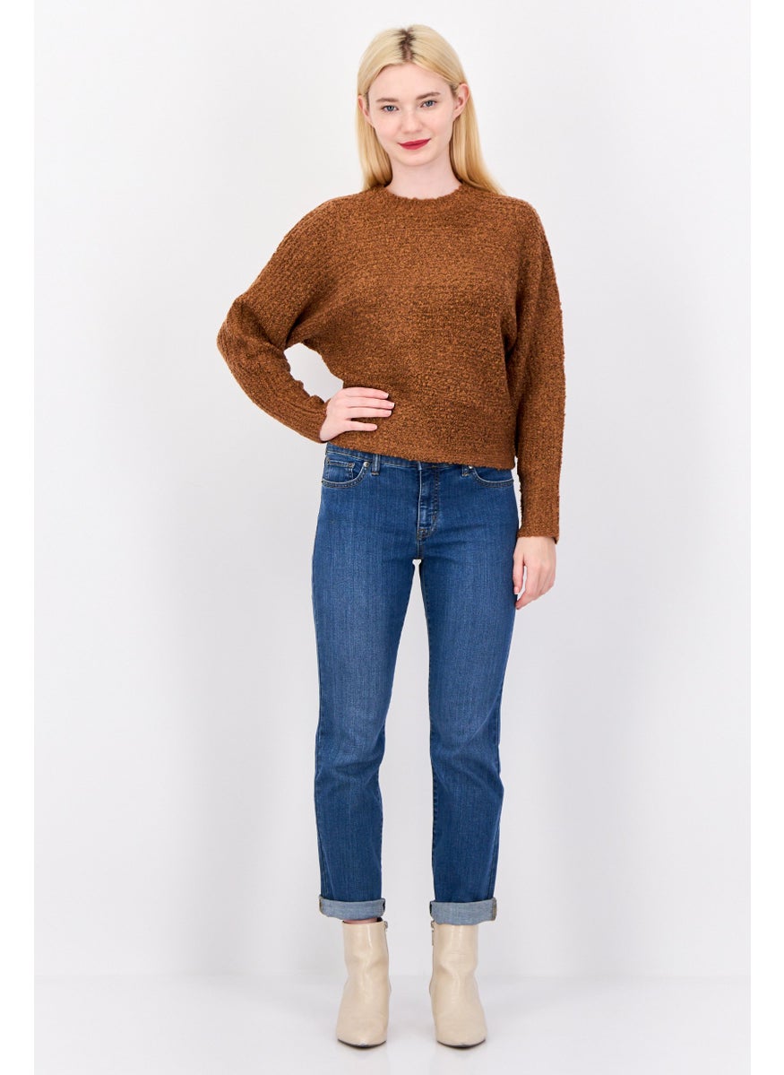 Women High Neck Knitted Crop Sweater, Brown