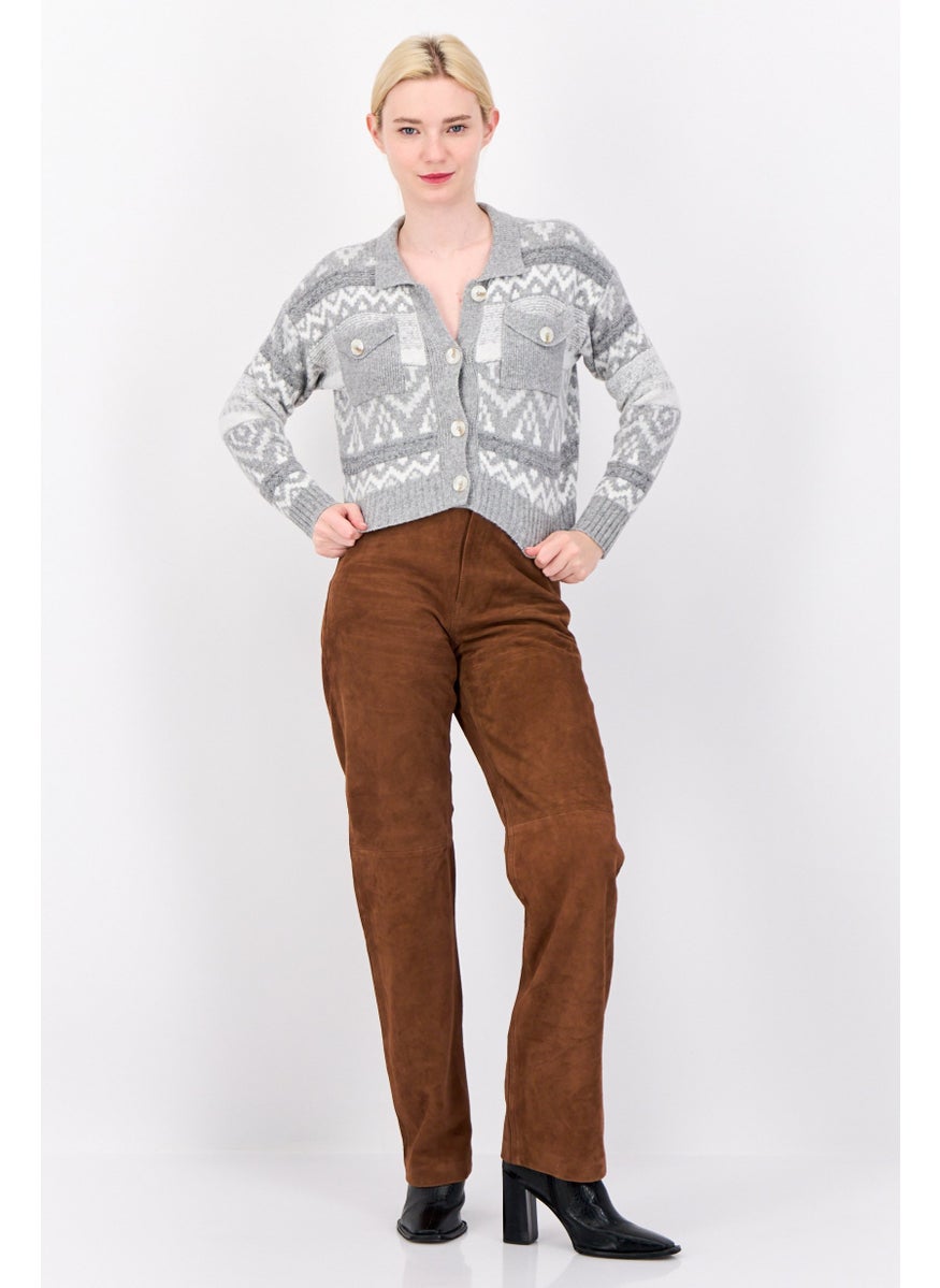 Women Spread Collar Knitted Cardigan, Light Grey
