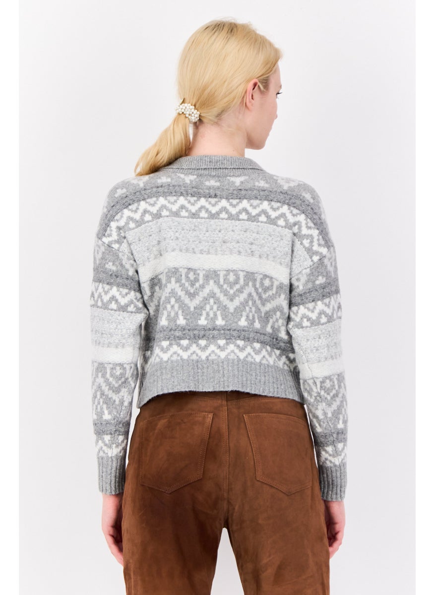 Women Spread Collar Knitted Cardigan, Light Grey