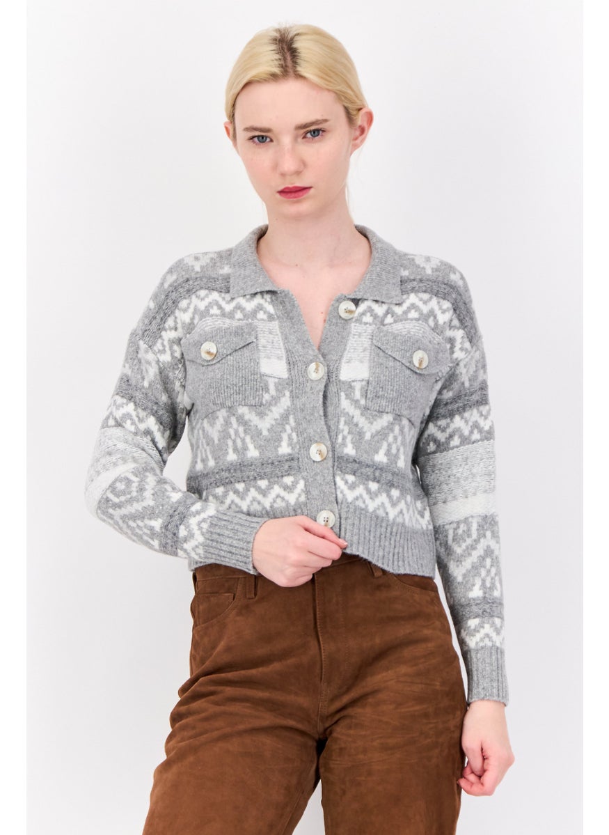 Women Spread Collar Knitted Cardigan, Light Grey