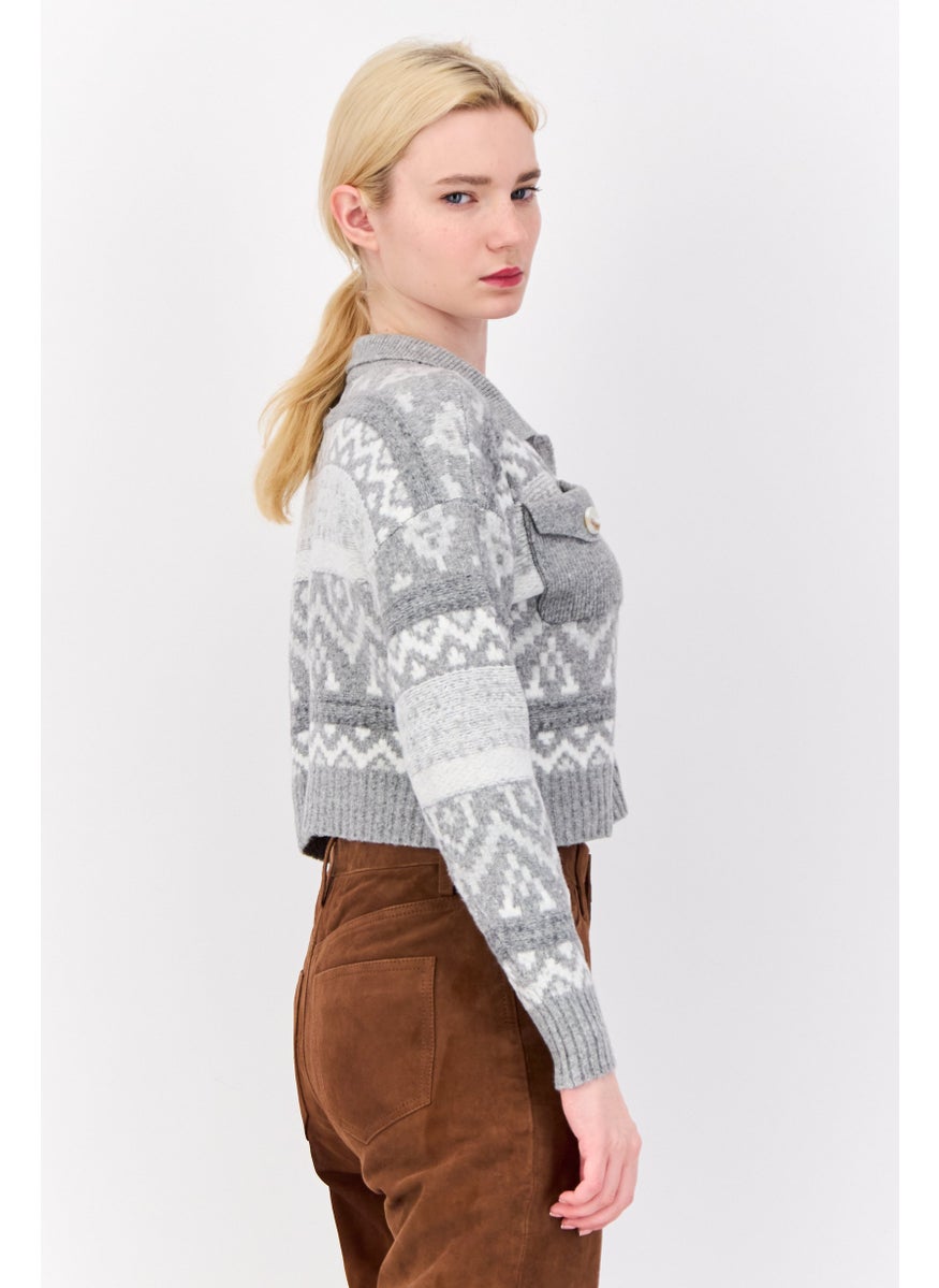 Women Spread Collar Knitted Cardigan, Light Grey