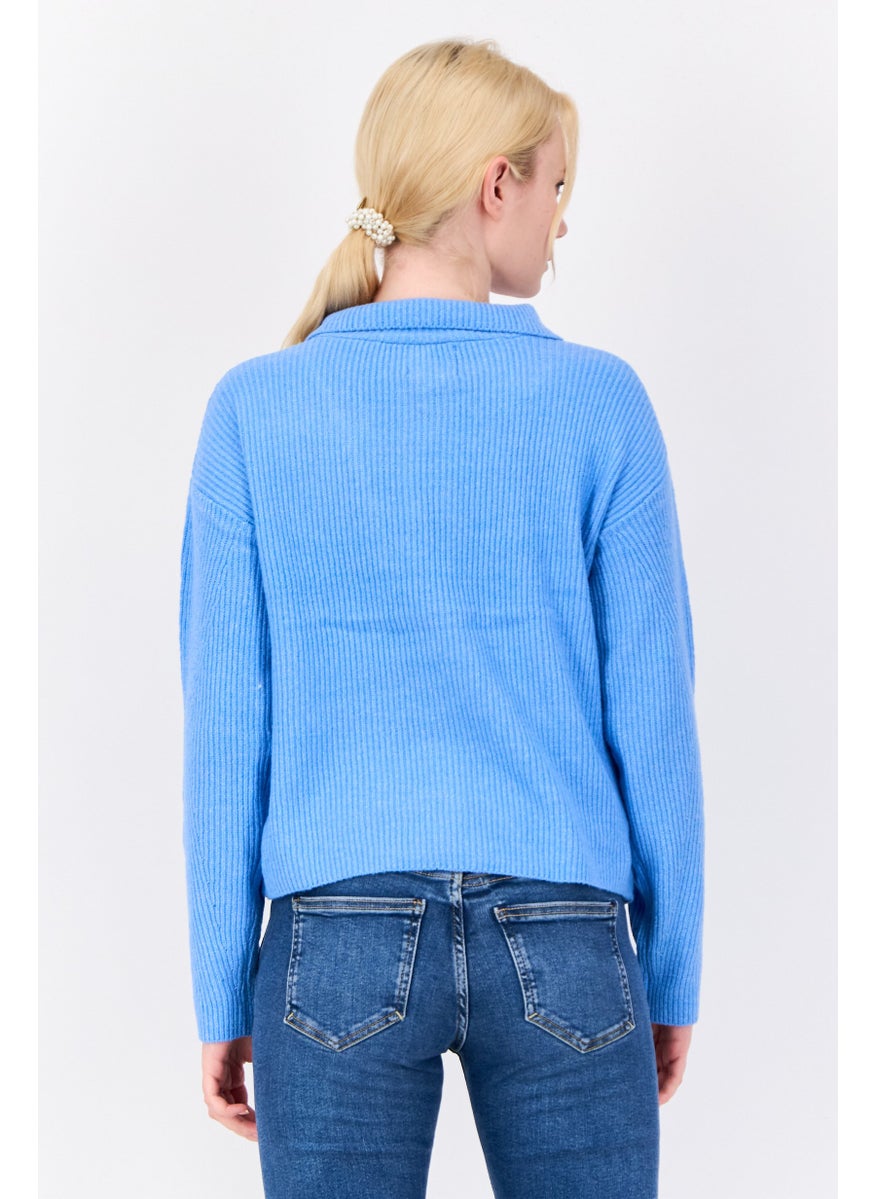 Women Mock Neck Knitted Sweater, Blue