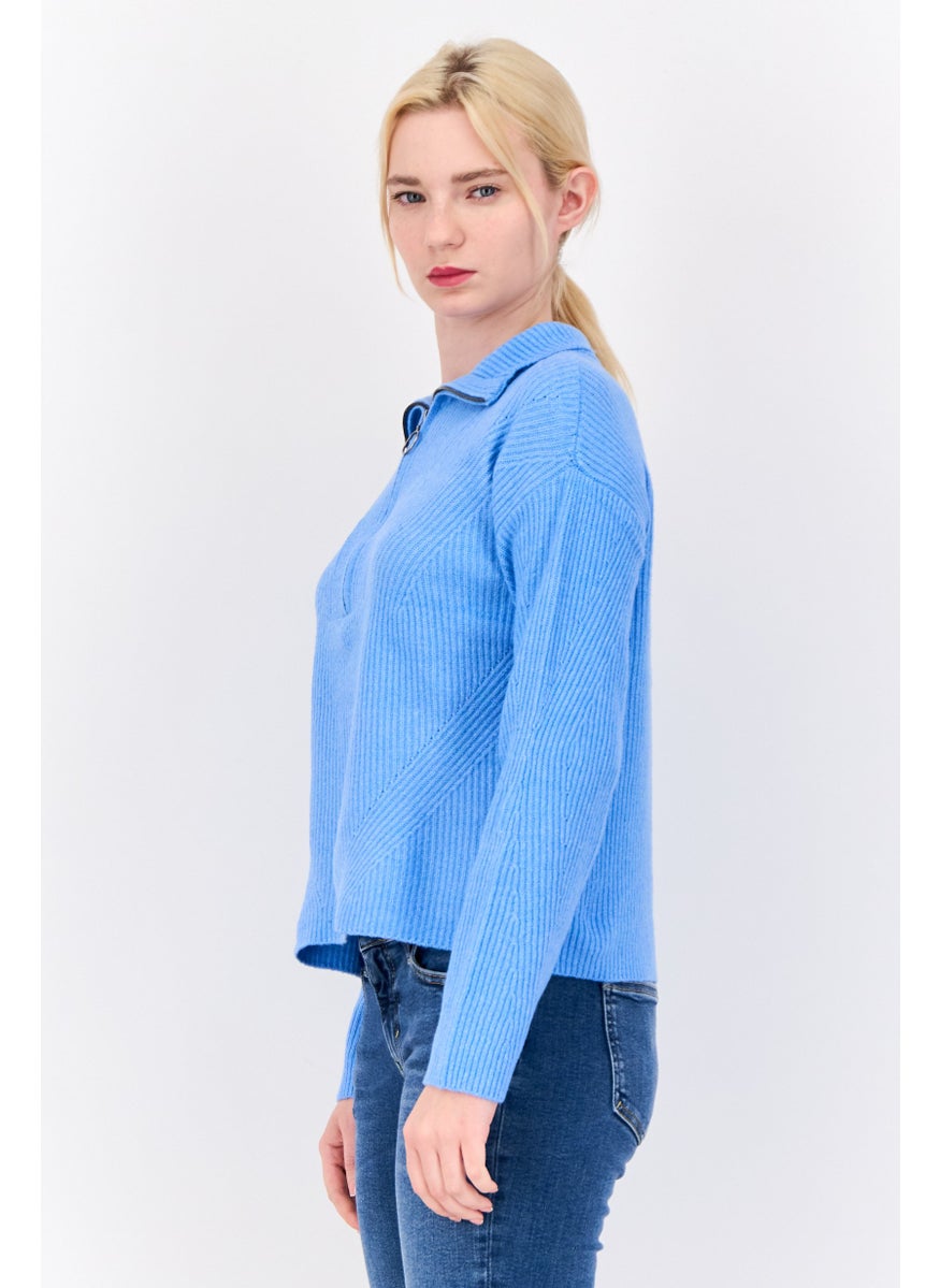 Women Mock Neck Knitted Sweater, Blue
