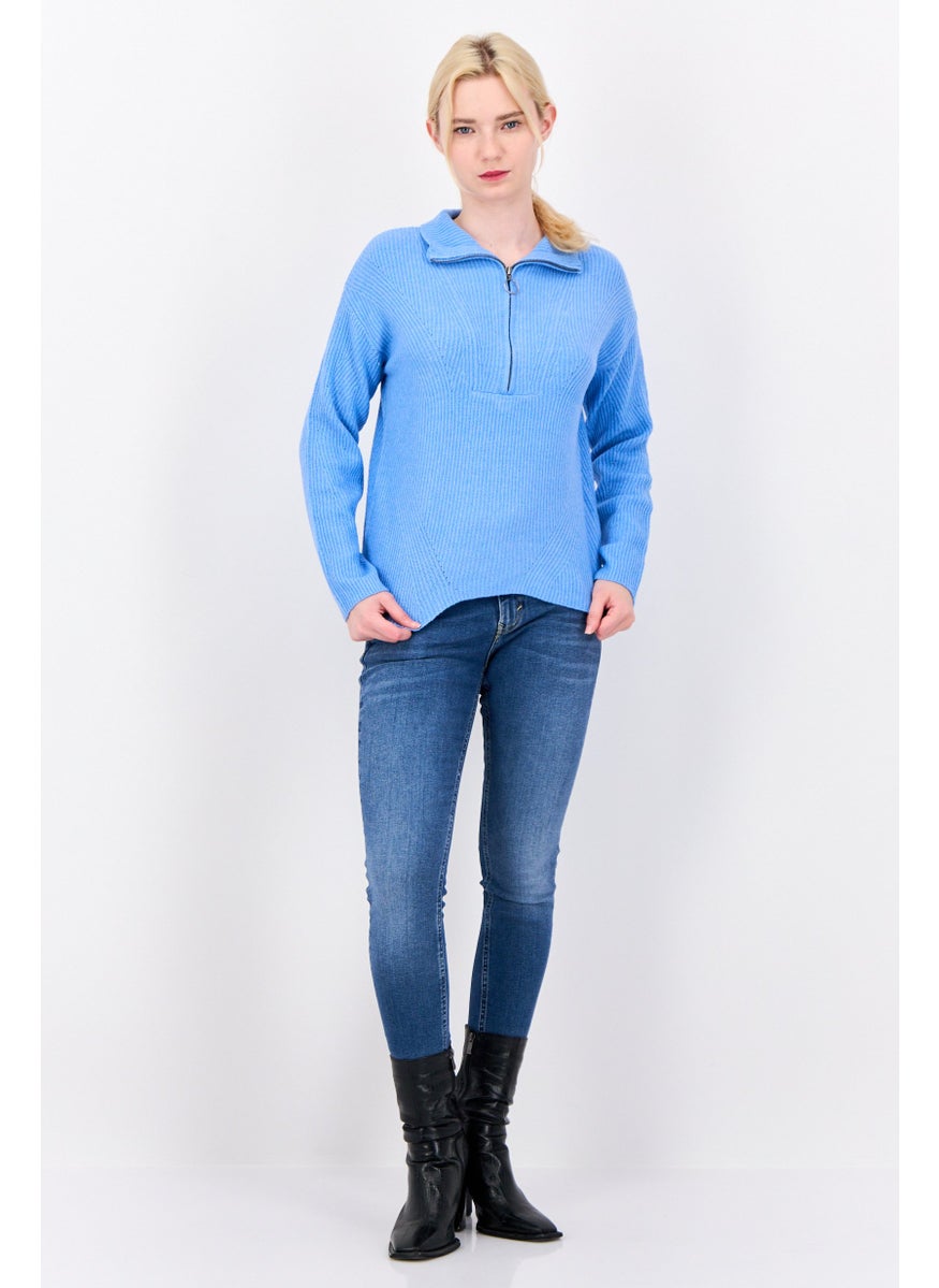 Women Mock Neck Knitted Sweater, Blue