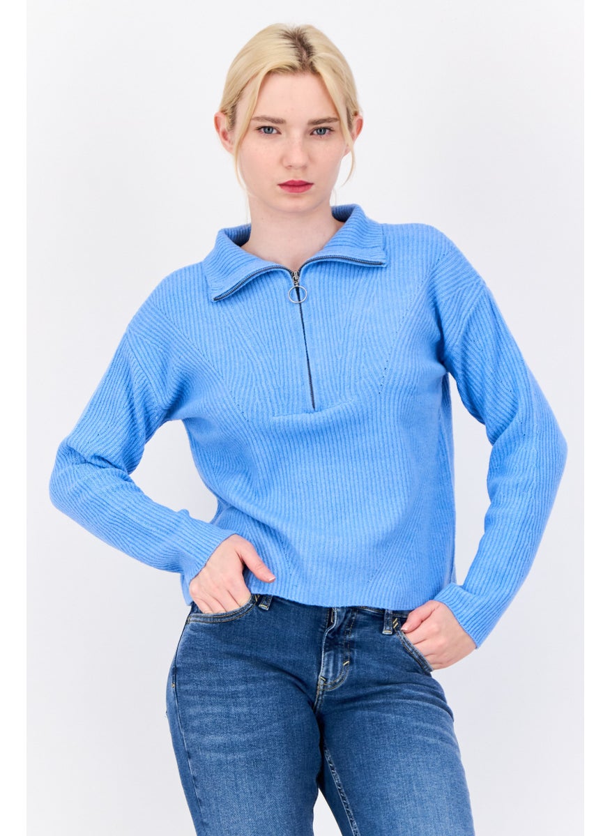 Women Mock Neck Knitted Sweater, Blue