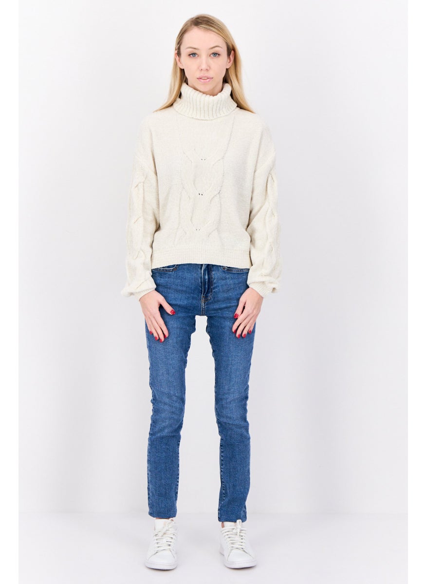 Women Turtle Neck Knitted Sweater, White