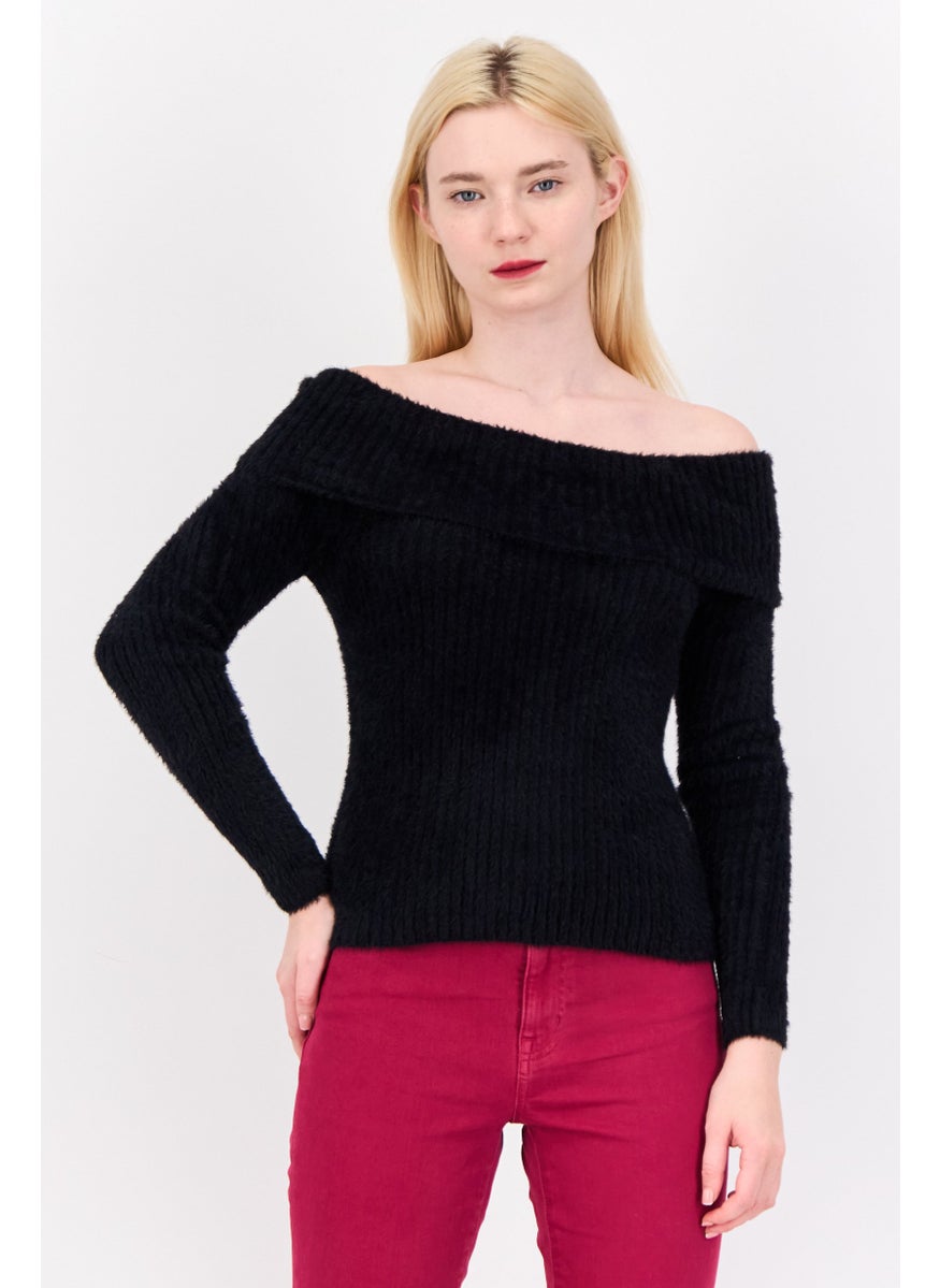 Women Off-Shoulder Textured Sweater, Black