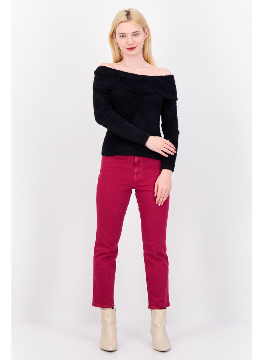 Women Off-Shoulder Textured Sweater, Black