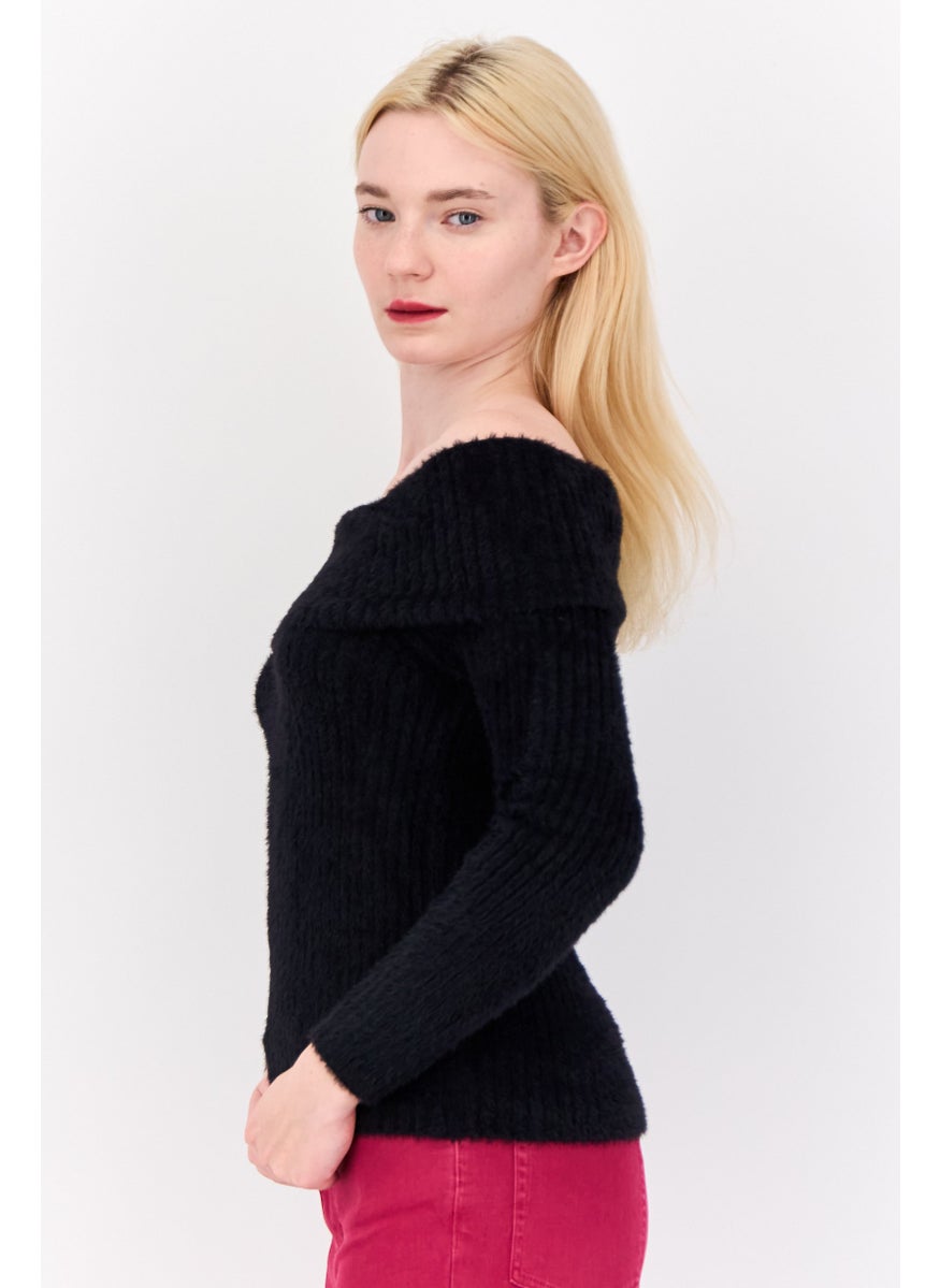 Women Off-Shoulder Textured Sweater, Black