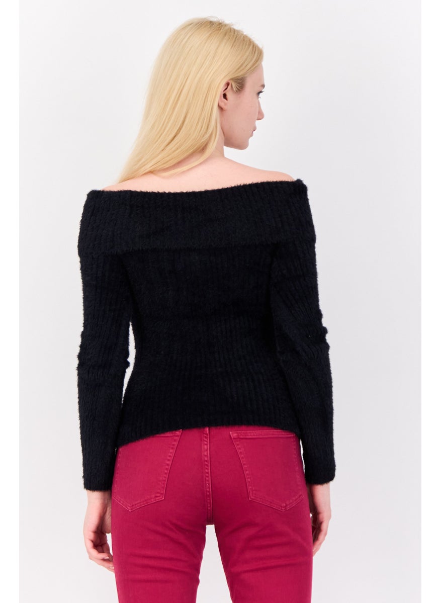 Women Off-Shoulder Textured Sweater, Black