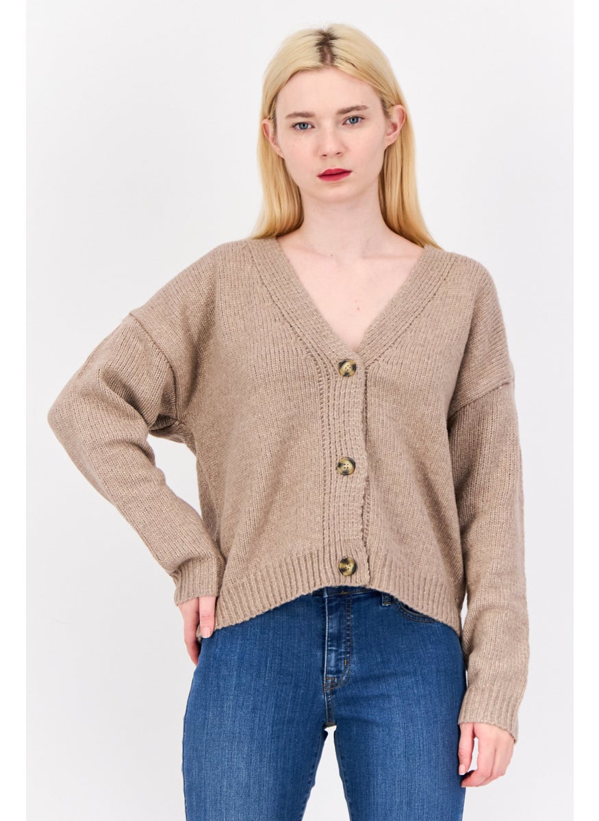 Women V Neck Knitted Cardigan, Rustic Mocha