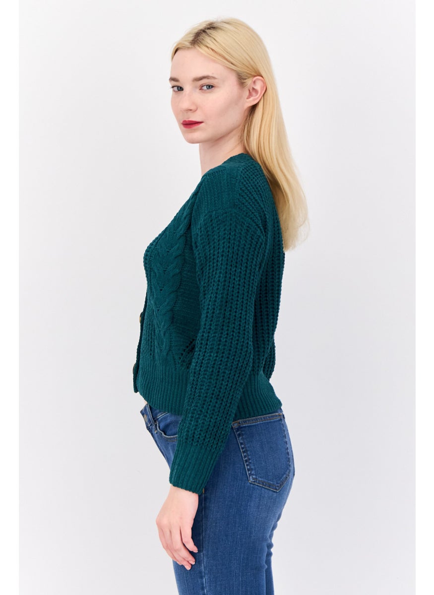 Women V Neck Long Sleeves Textured Cardigans, Teal Green