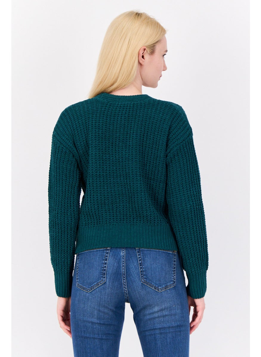 Women V Neck Long Sleeves Textured Cardigans, Teal Green