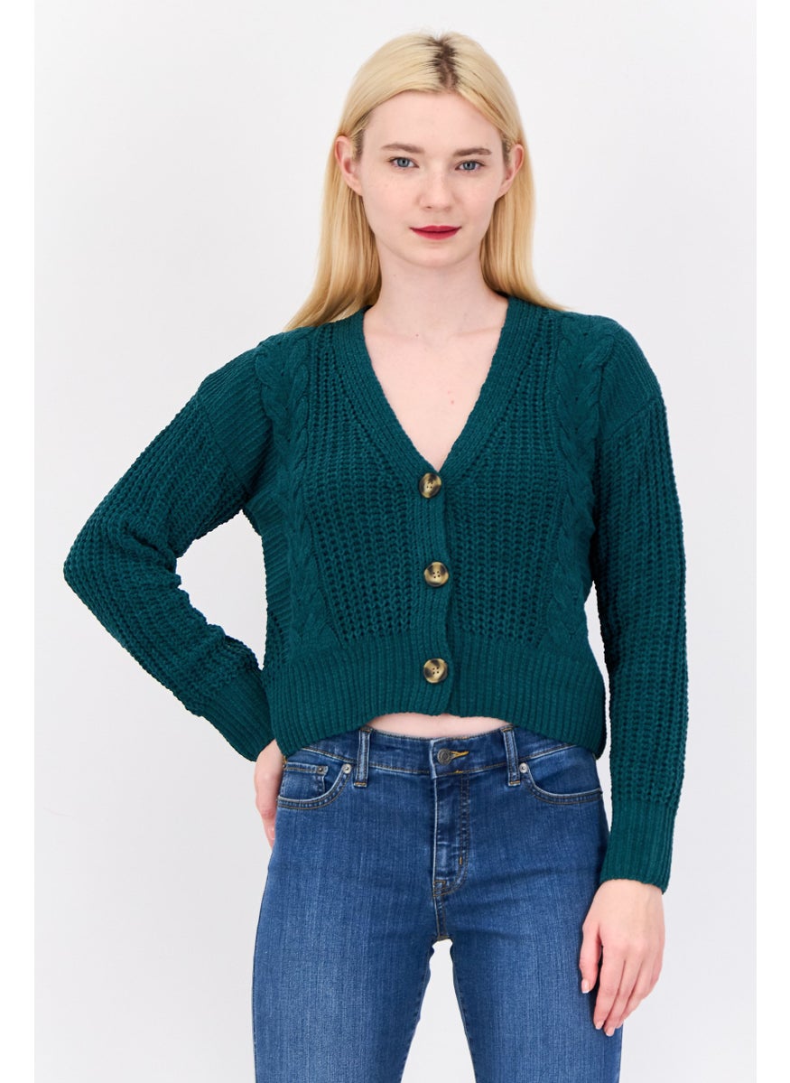 Women V Neck Long Sleeves Textured Cardigans, Teal Green