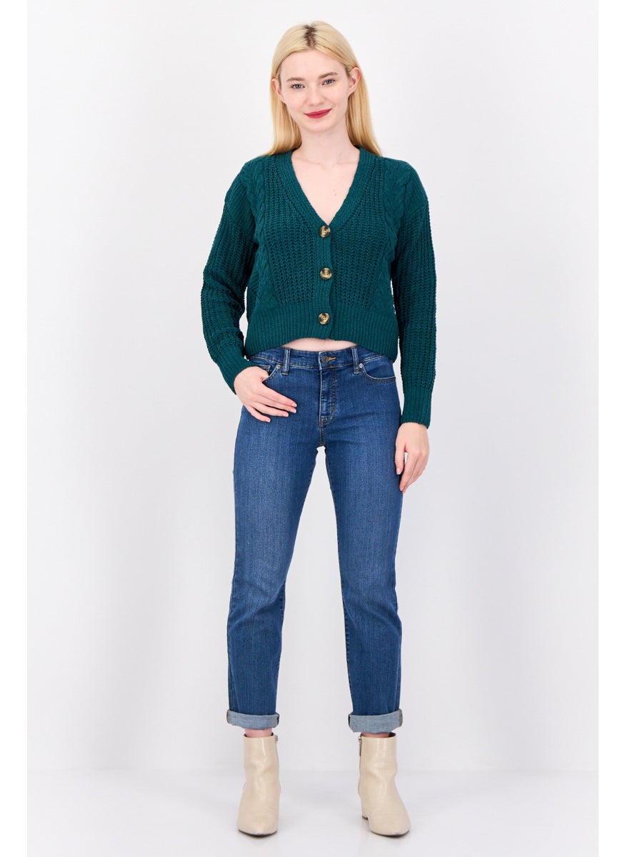 Women V Neck Long Sleeves Textured Cardigans, Teal Green