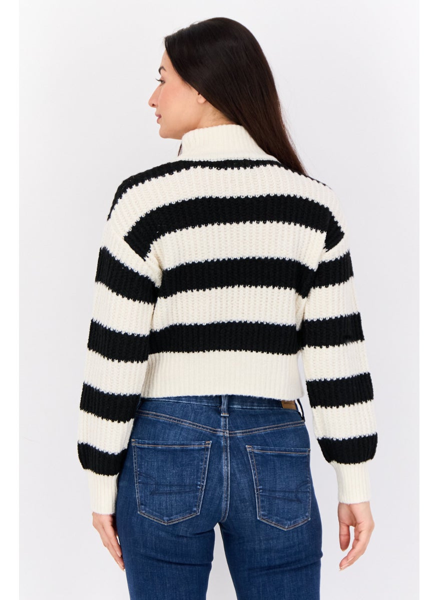 Women Mock Neck Long Sleeves Stripe Sweaters, Multicolor