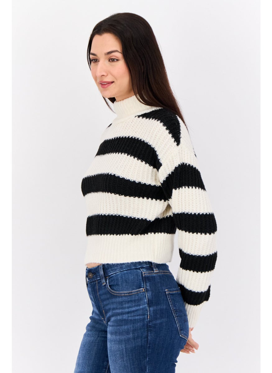 Women Mock Neck Long Sleeves Stripe Sweaters, Multicolor
