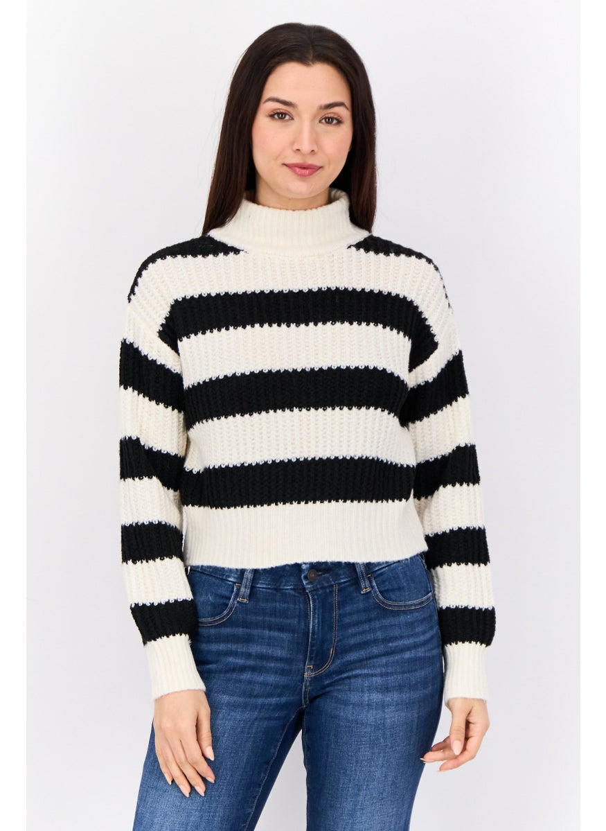 Women Mock Neck Long Sleeves Stripe Sweaters, Multicolor