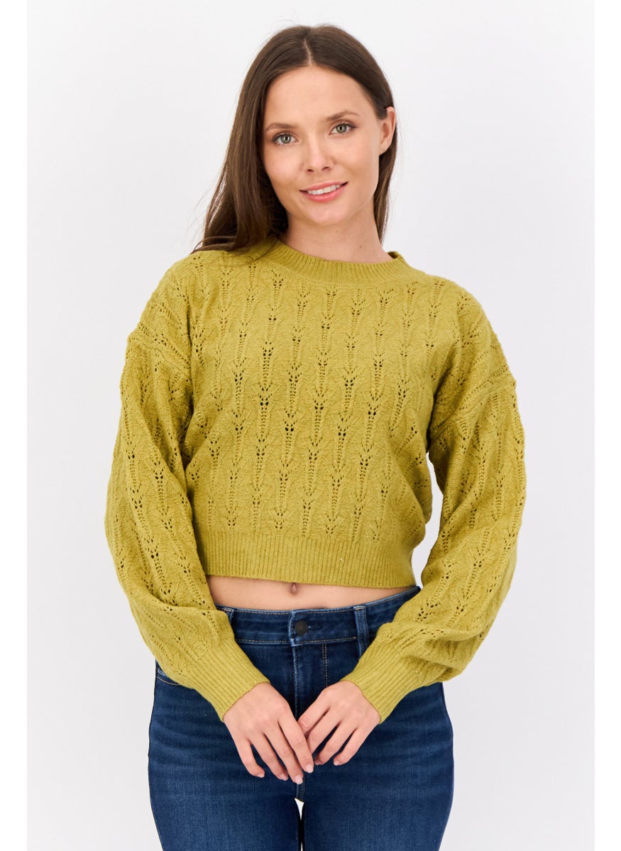 Women Pointelle Long Sleeves Sweaters, Mustard