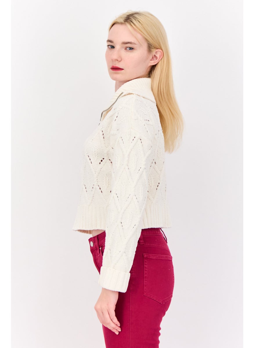 Women Turtle Neck Long Sleeves Pointelle Sweater, Off White
