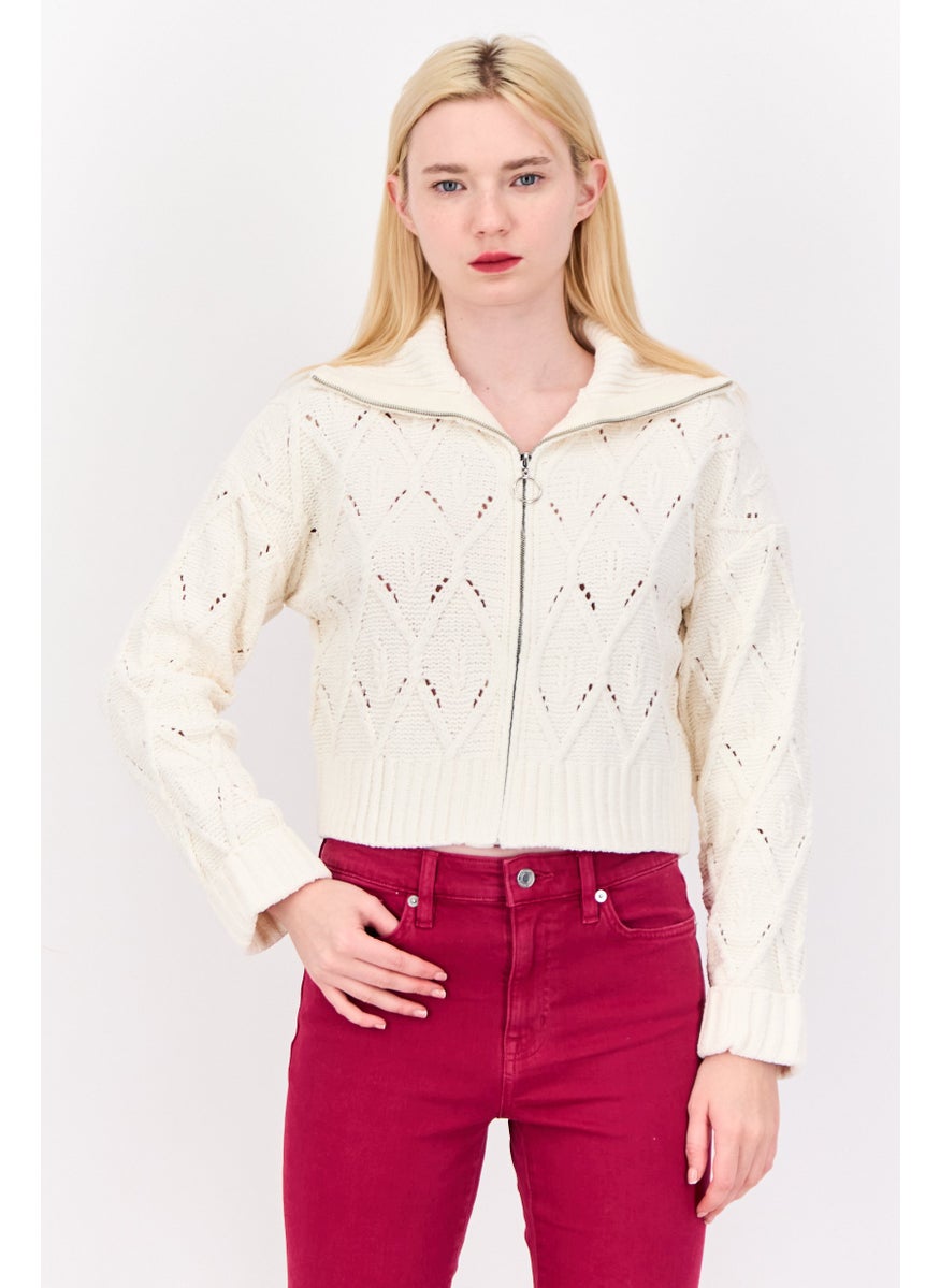 Women Turtle Neck Long Sleeves Pointelle Sweater, Off White