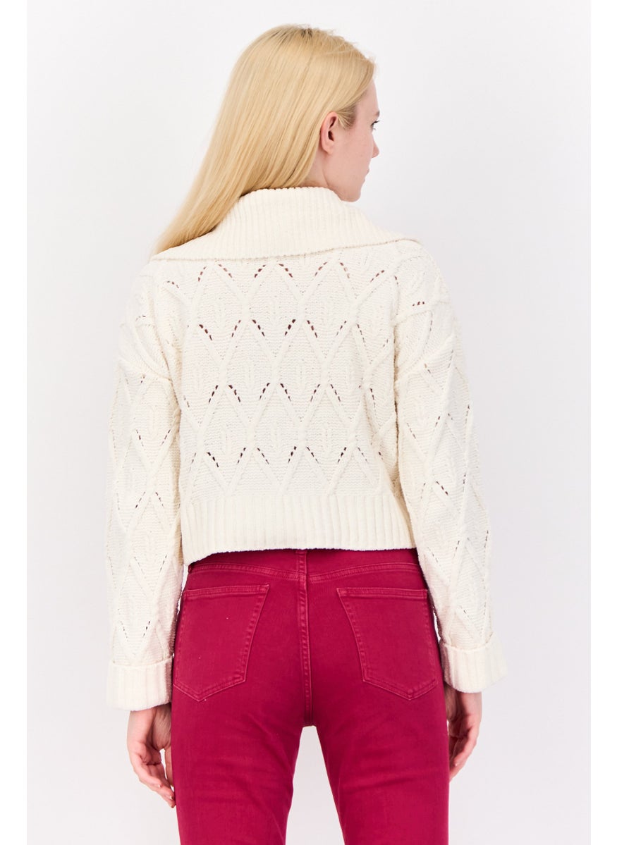 Women Turtle Neck Long Sleeves Pointelle Sweater, Off White