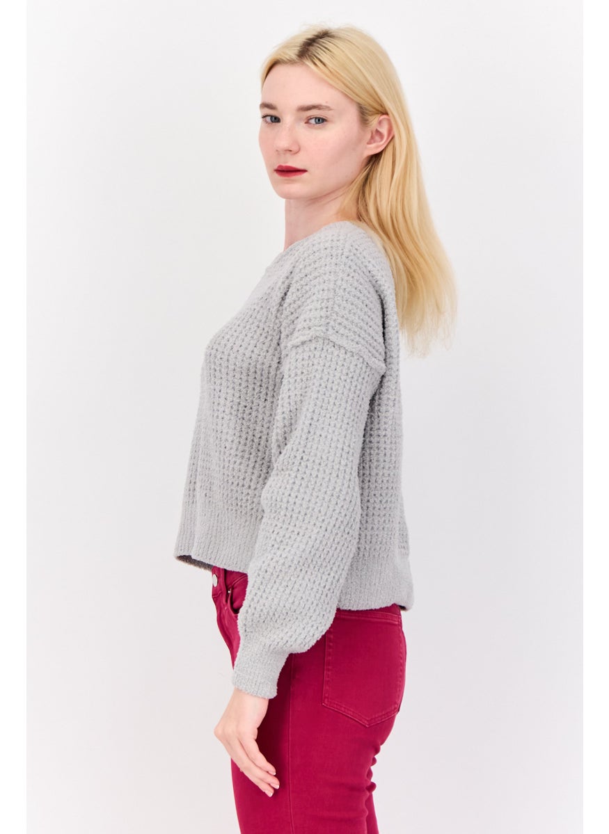 Women Crew Neck Knitted Sweater, Pastel Grey