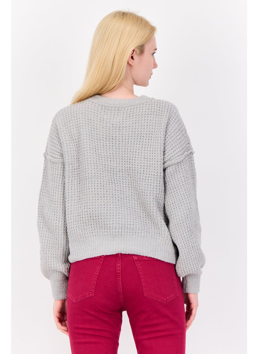 Women Crew Neck Knitted Sweater, Pastel Grey