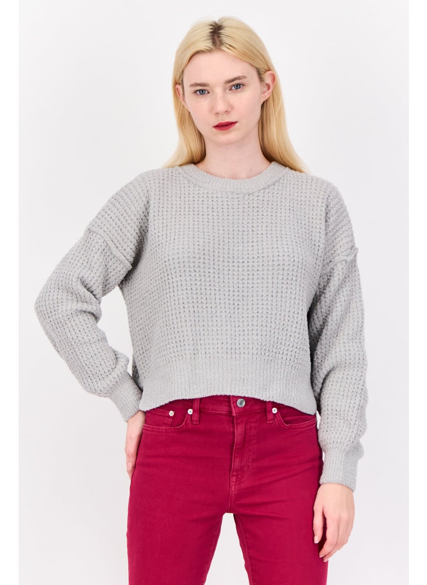 Women Crew Neck Knitted Sweater, Pastel Grey