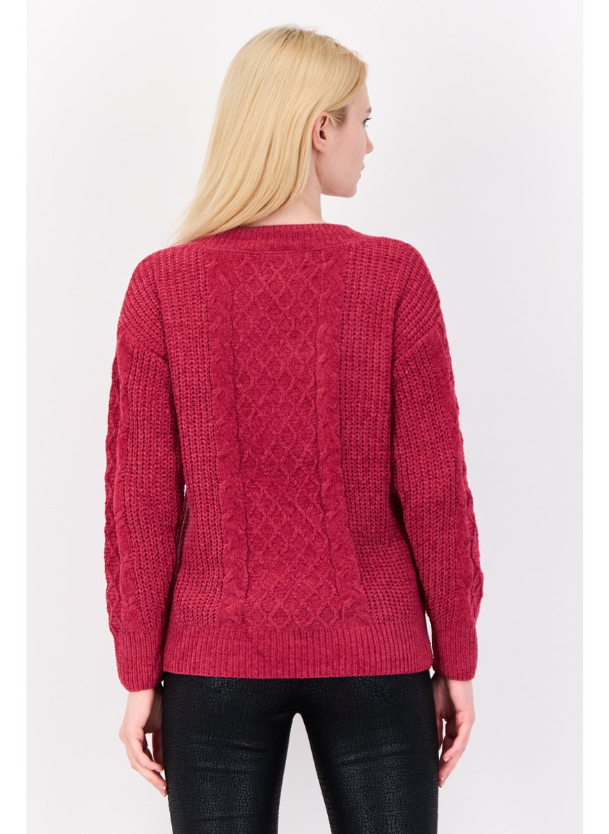 Women V-Neck Textured Sweater, Magenta