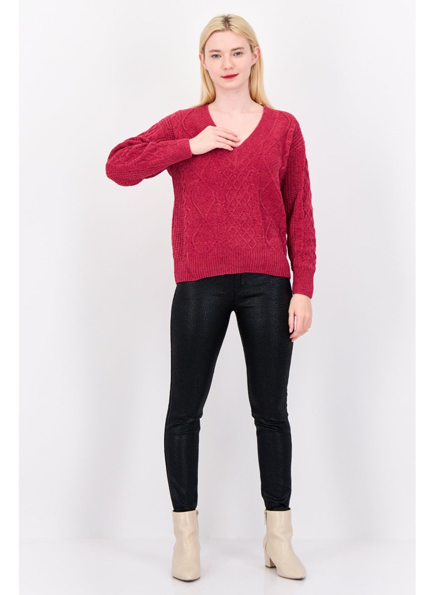 Women V-Neck Textured Sweater, Magenta