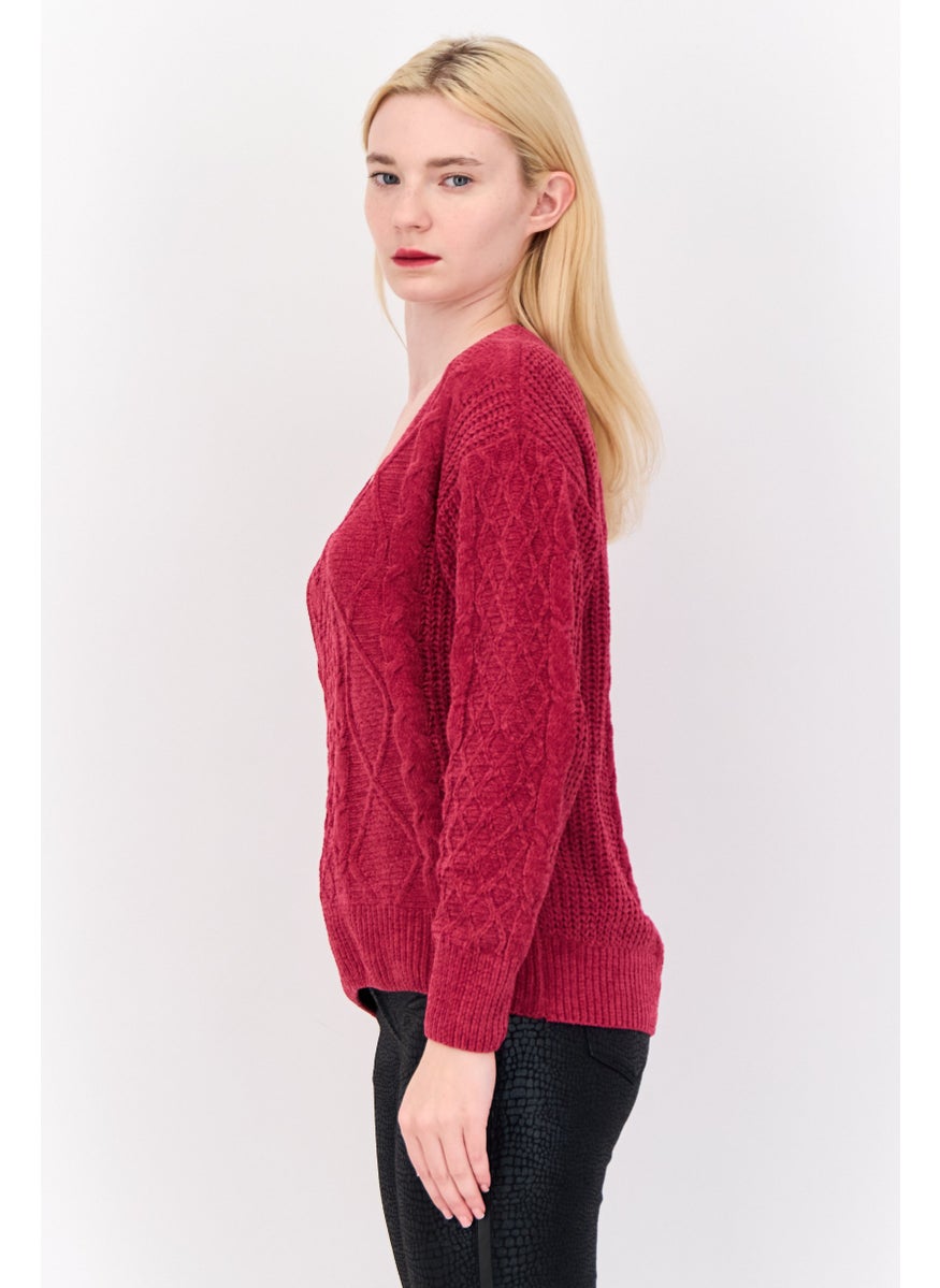 Women V-Neck Textured Sweater, Magenta
