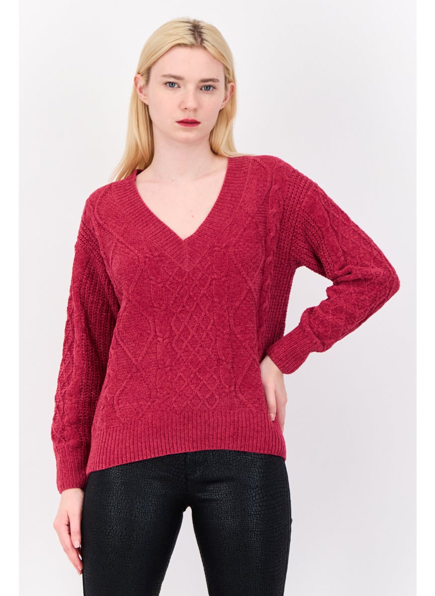 Women V-Neck Textured Sweater, Magenta