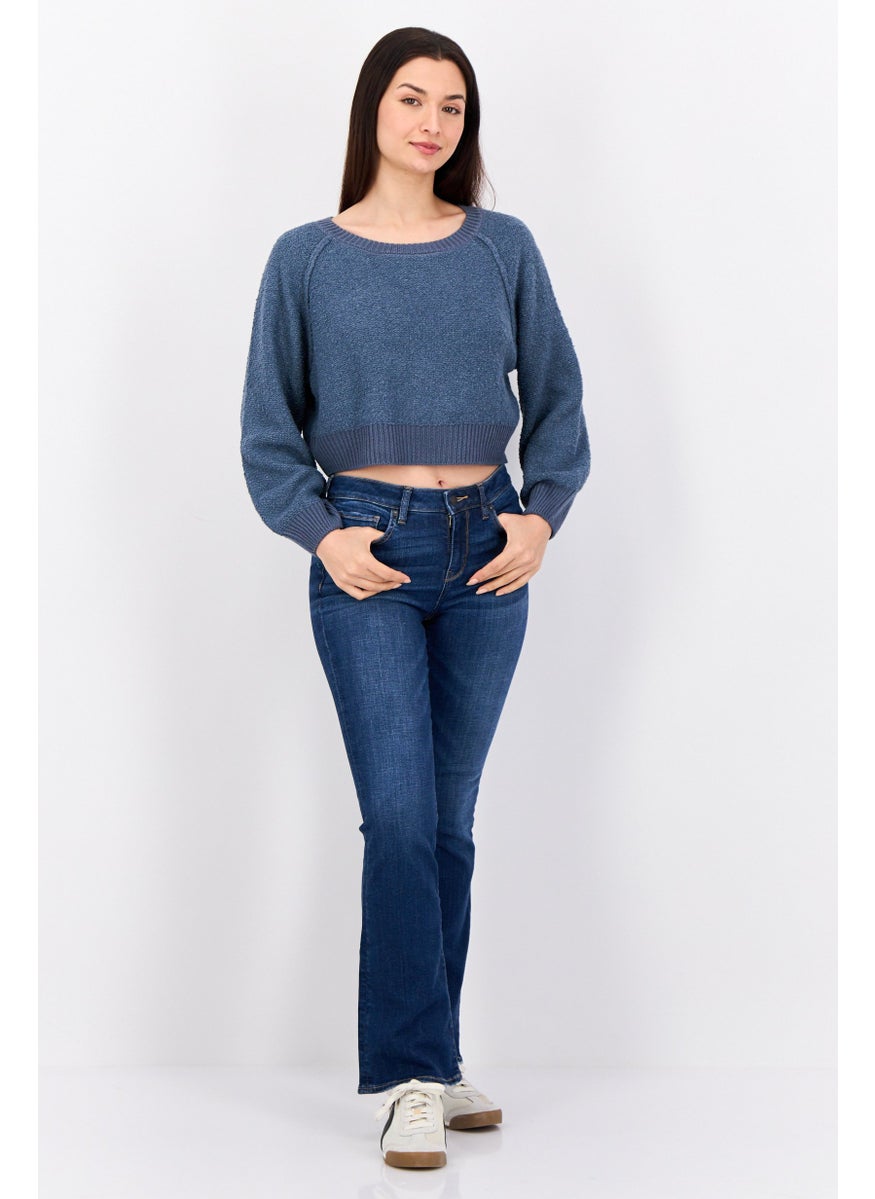 Women Crew Neck Textured Sweater, Dark Dusty Blue