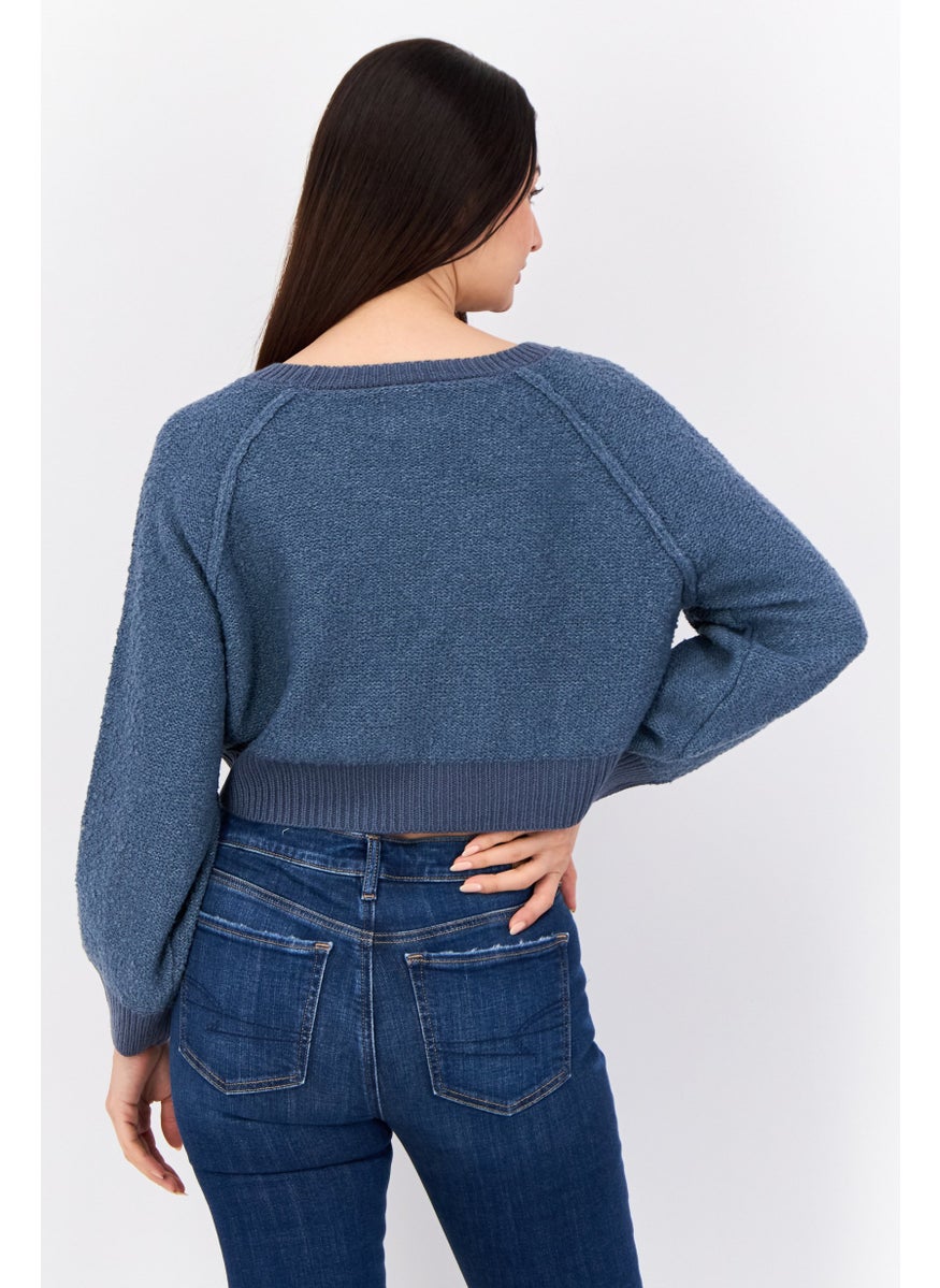 Women Crew Neck Textured Sweater, Dark Dusty Blue
