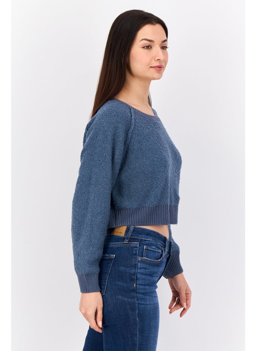 Women Crew Neck Textured Sweater, Dark Dusty Blue