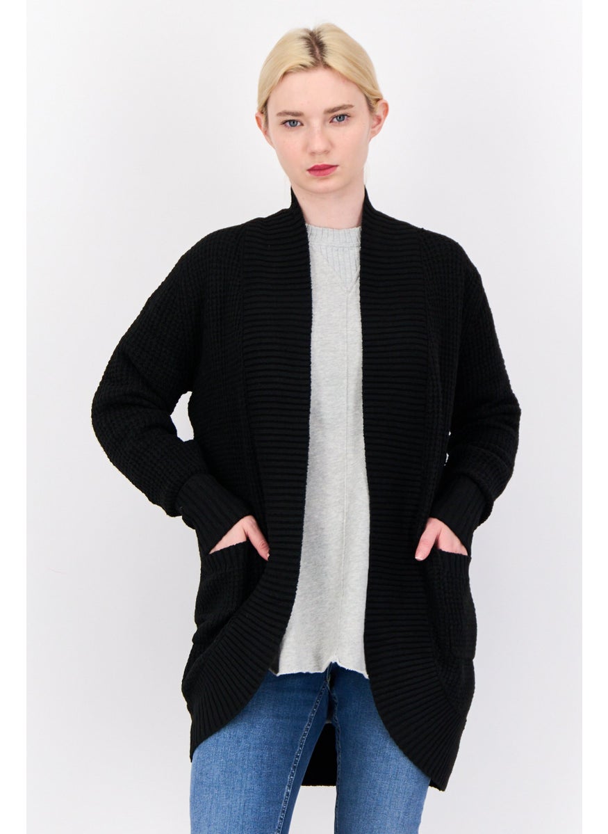 Women Split Neck Knitted Cardigan, Black