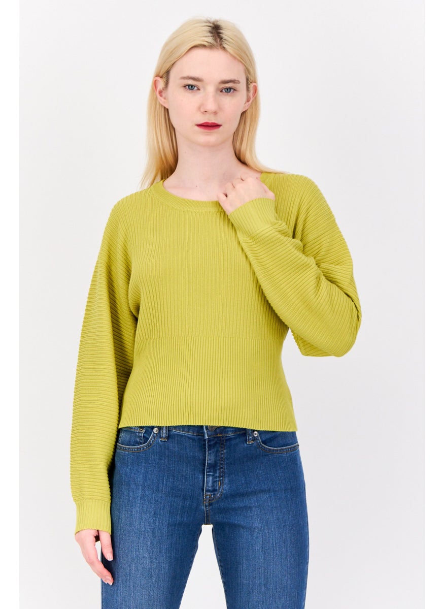 Women Crew Neck Ribbed Sweater, Golden Yellow