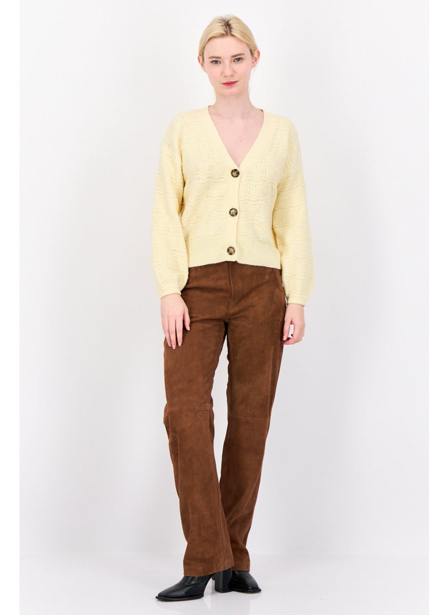 Women V-Neck Knitted Cardigans, Yellow