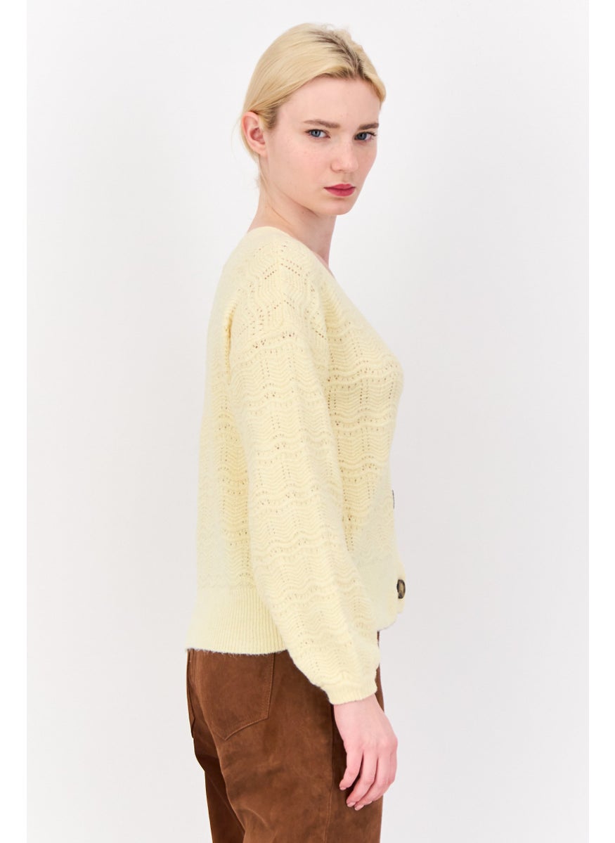 Women V-Neck Knitted Cardigans, Yellow