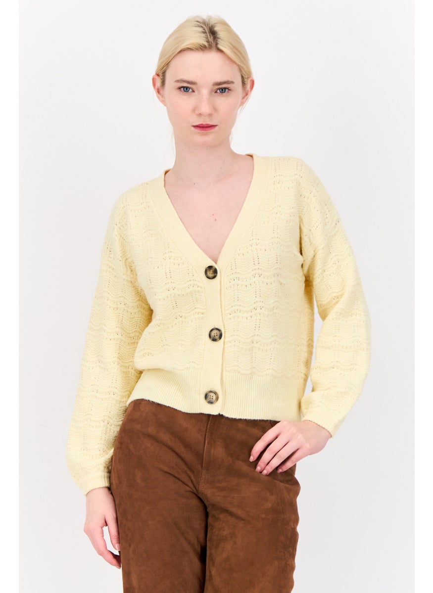 Women V-Neck Knitted Cardigans, Yellow