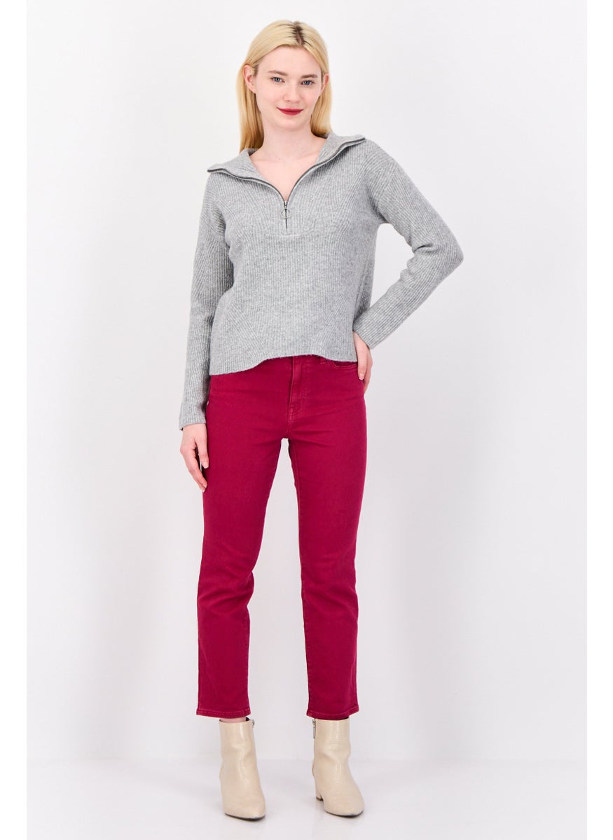 Women Mock Neck Knitted Sweater, Light Grey