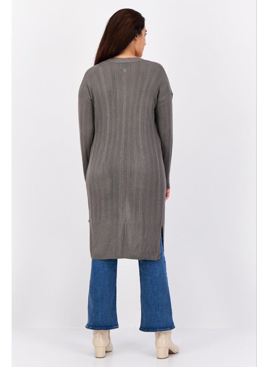 Women Split Neck Knitted Cardigan, Dark Green