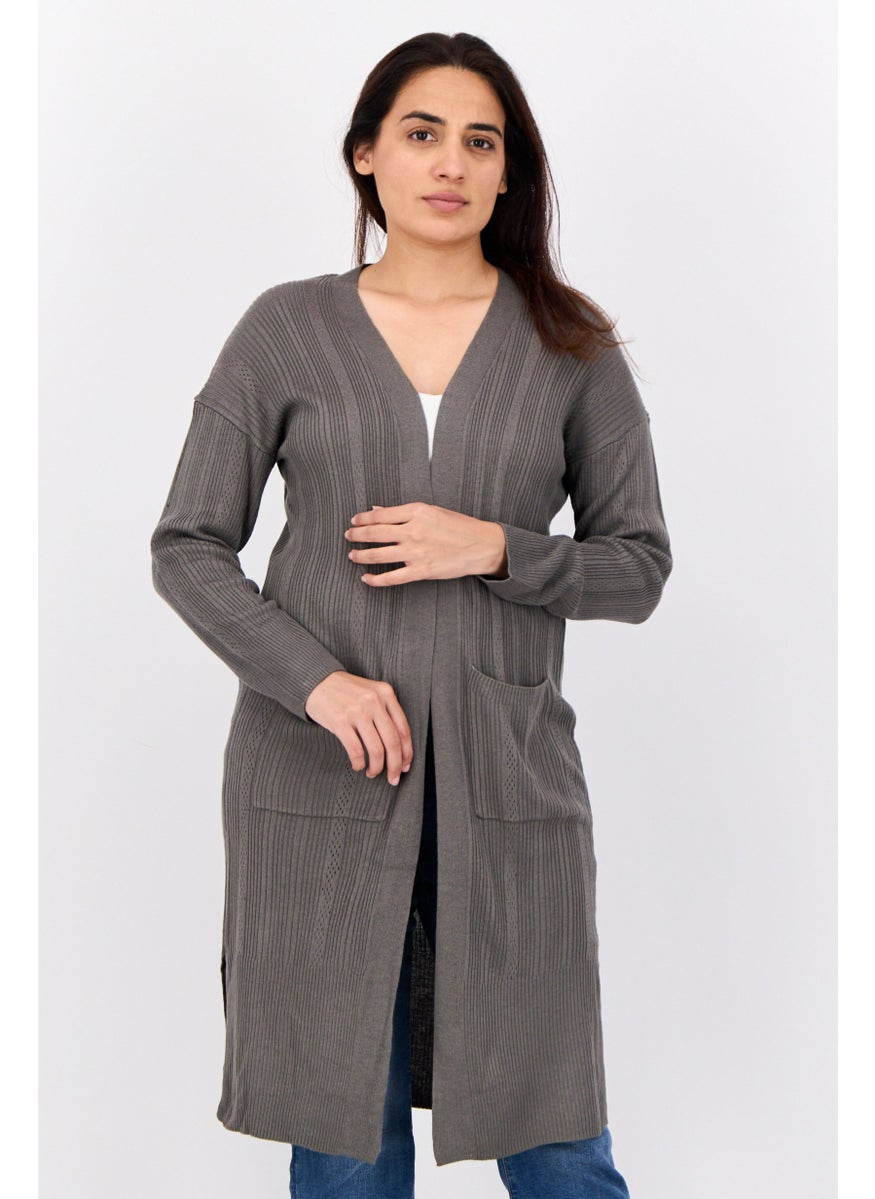 Women Split Neck Knitted Cardigan, Dark Green