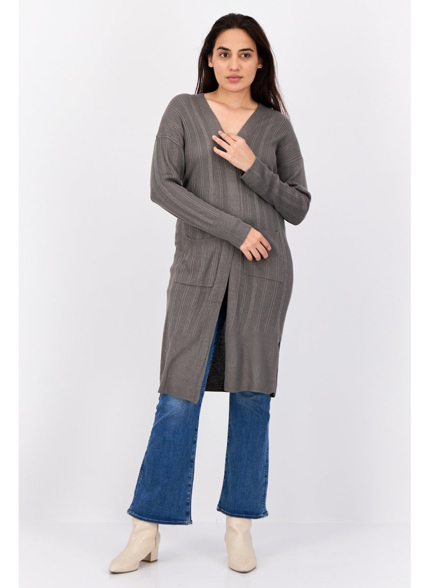 Women Split Neck Knitted Cardigan, Dark Green