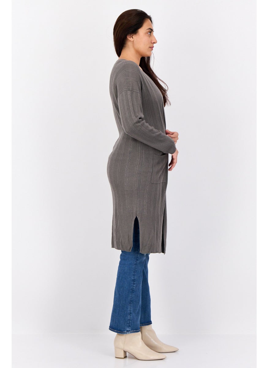 Women Split Neck Knitted Cardigan, Dark Green