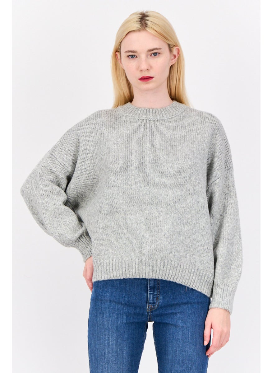 Women Crew Neck Long Sleeves Textured Sweaters, Grey