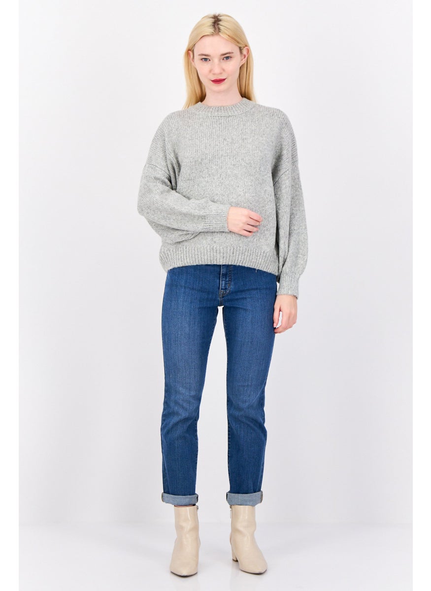 Women Crew Neck Long Sleeves Textured Sweaters, Grey
